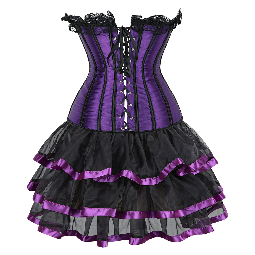 Gothic Corset Dress Sexy Satin Lace Up Corset Steampunk Corset With Dress Cosplay Club Purple