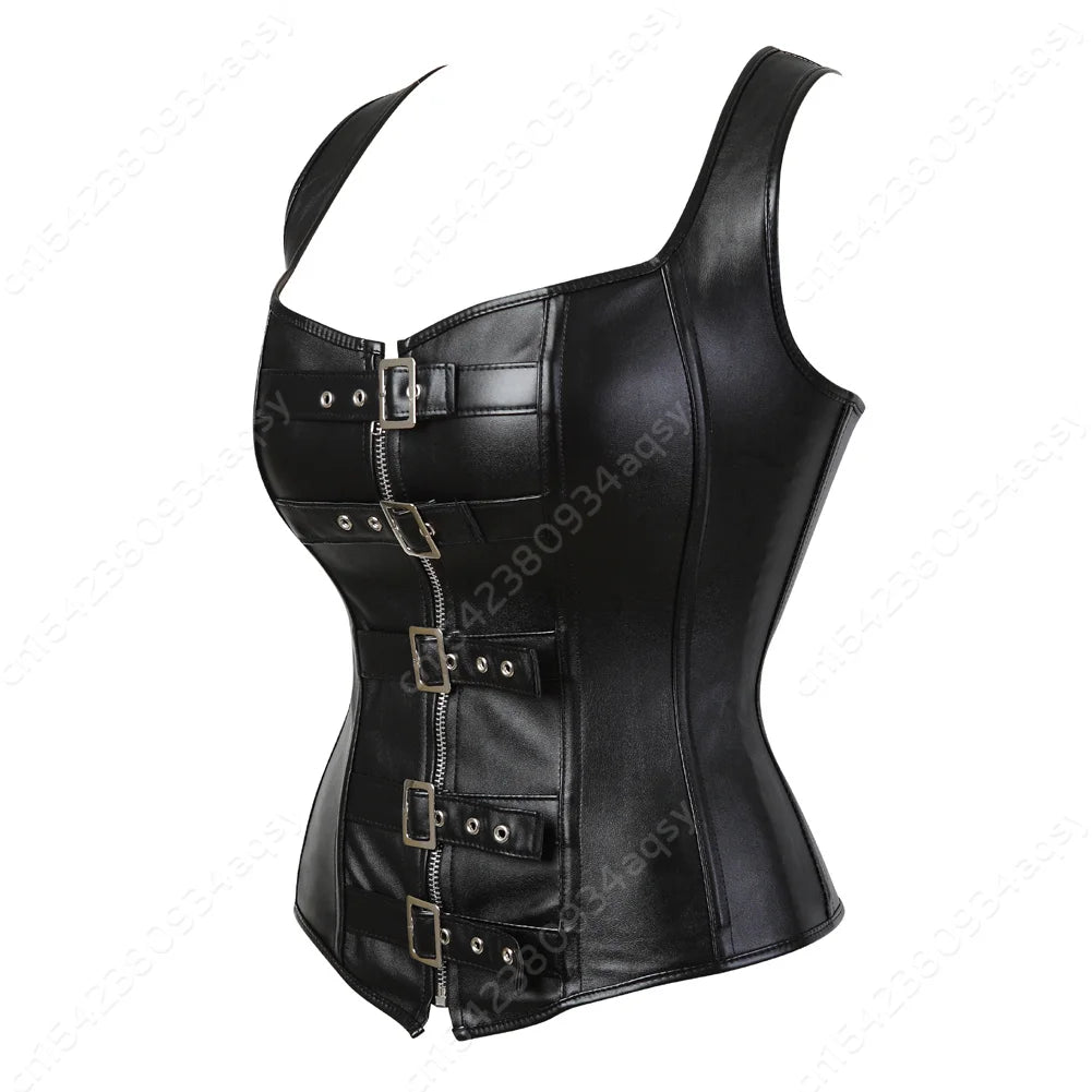 Women Corset Bustier Steampunk Zipper Corset Top Black Leather Corset With Straps