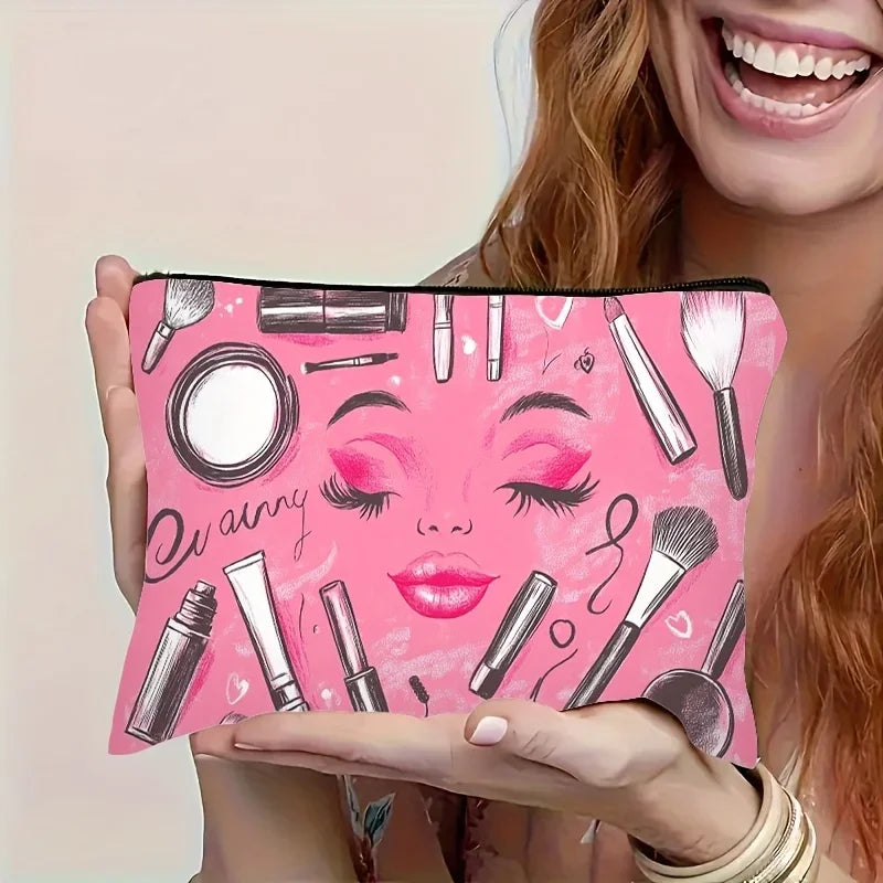 A Pink Cosmetic Element Makeup Bag - Cute Multifunctional Zipper Pouch for Women, Jewelry Storage Bag
