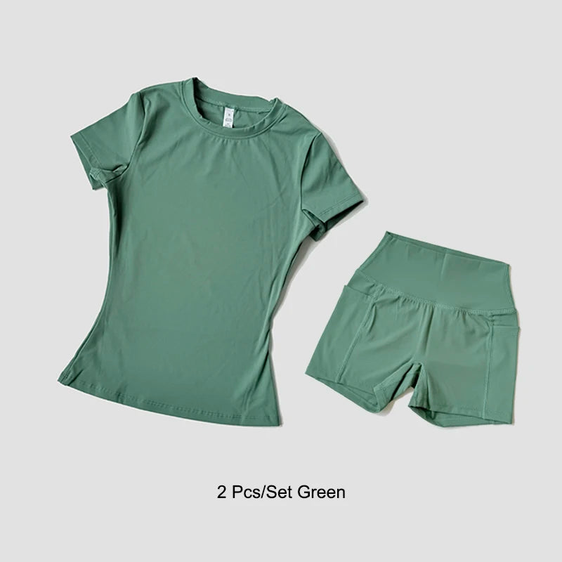 Women's Sports Yoga Set Seamless Knitted Fitness Gym Clothes Sportswear Short Sleeve Crop Top Tracksuits Gym Short Leggings