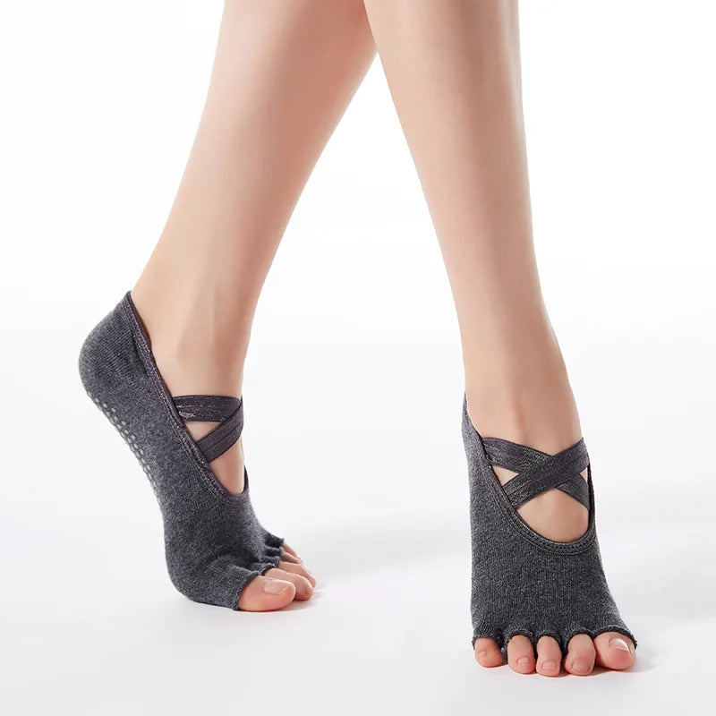 Yoga Socks for Women Anti Slip Five Toe Ladies Fitness Pilates Socks Professiona Cross Bandage Sports Ballet Dance Socks