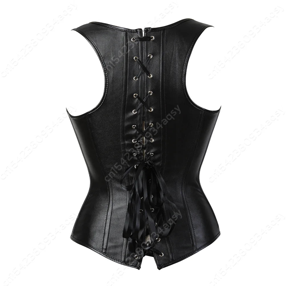Women Corset Bustier Steampunk Zipper Corset Top Black Leather Corset With Straps