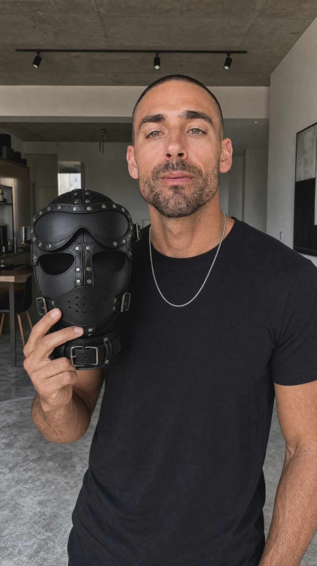 Premium Black Leather Hood Mask with Removable Eye Shield & Adjustable Face Cover
