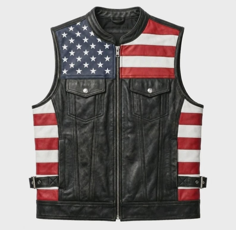 Men's Genuine Leather USA Flag Vest Motorcycle Biker Sleeveless Riding Vest