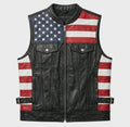 Men's Genuine Leather USA Flag Vest Motorcycle Biker Sleeveless Riding Vest