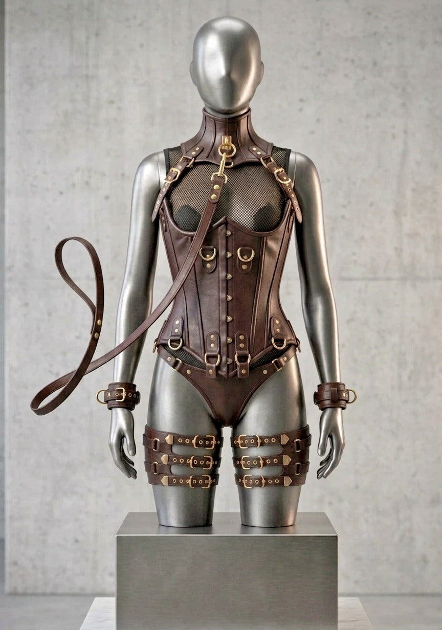 Women’s Leather Corset Harness Bodysuit Gothic Buckle Bustier Steampunk Fetish (With Leash & Handcuffs)