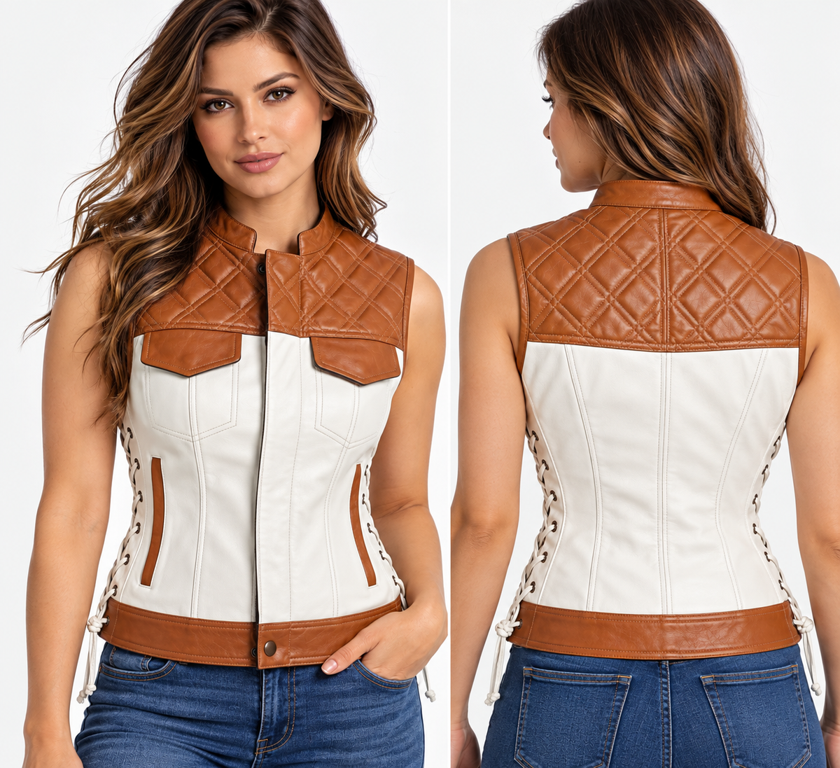 Handmade Women’s  Leather Vest Slim Fit | Diamond Cuts |