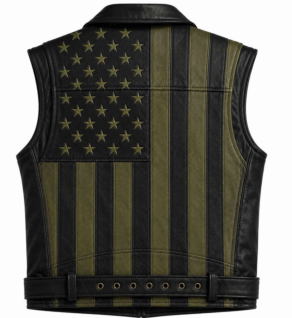 Men Genuine Leather USA Flag Vest Biker Motorcycle Belted Vest
