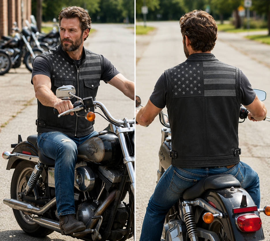 Men's Genuine Leather USA Flag Vest Motorcycle Biker Sleeveless Riding Vest