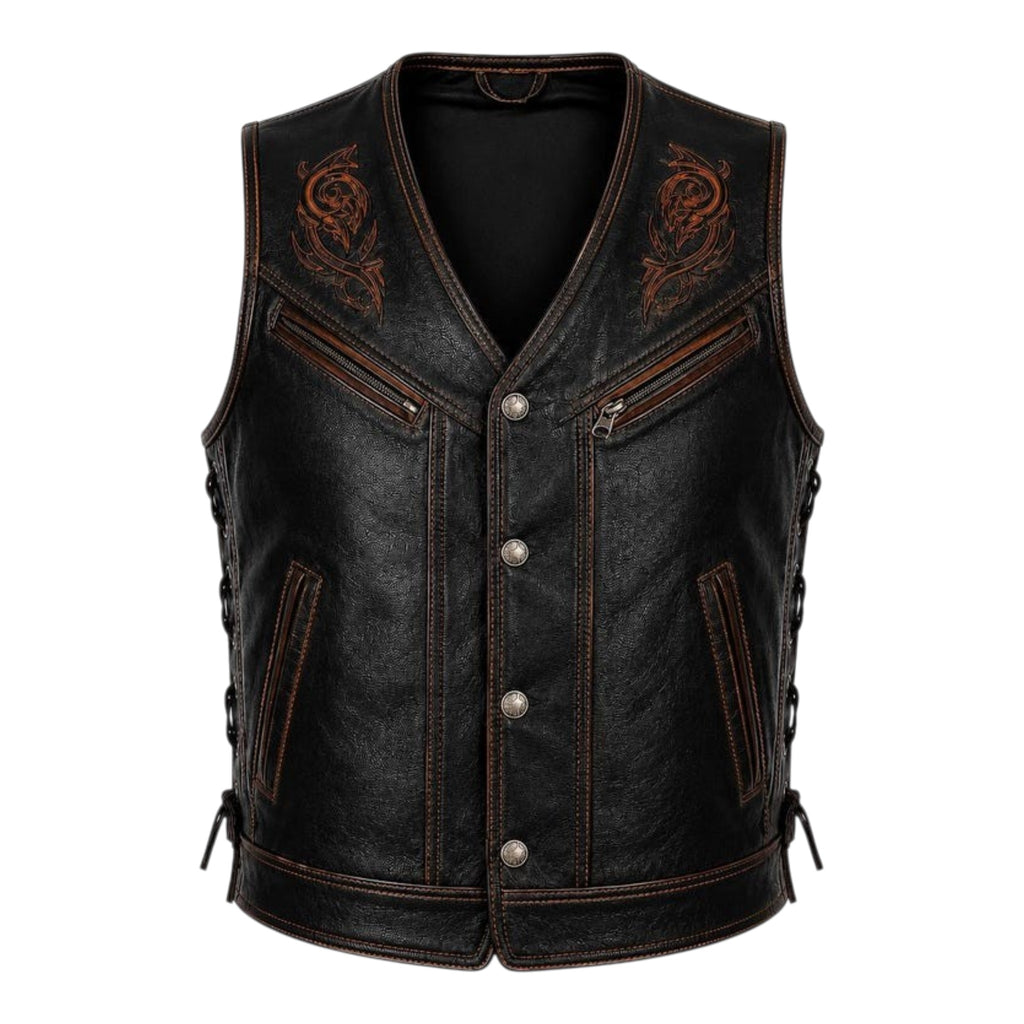 Mens Embroidered Genuine Leather Biker Vest Black Lace Up Western Riding Vest