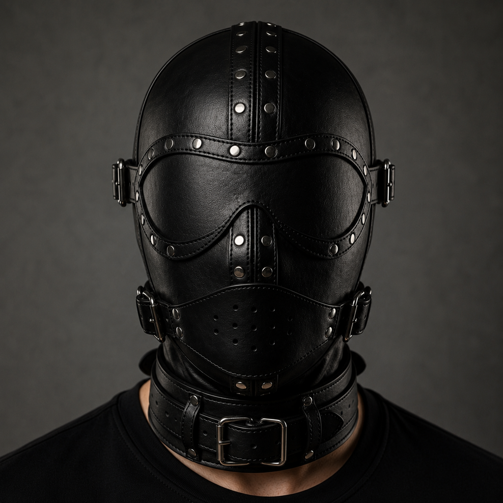 Premium Black Leather Hood Mask with Removable Eye Shield & Adjustable Face Cover