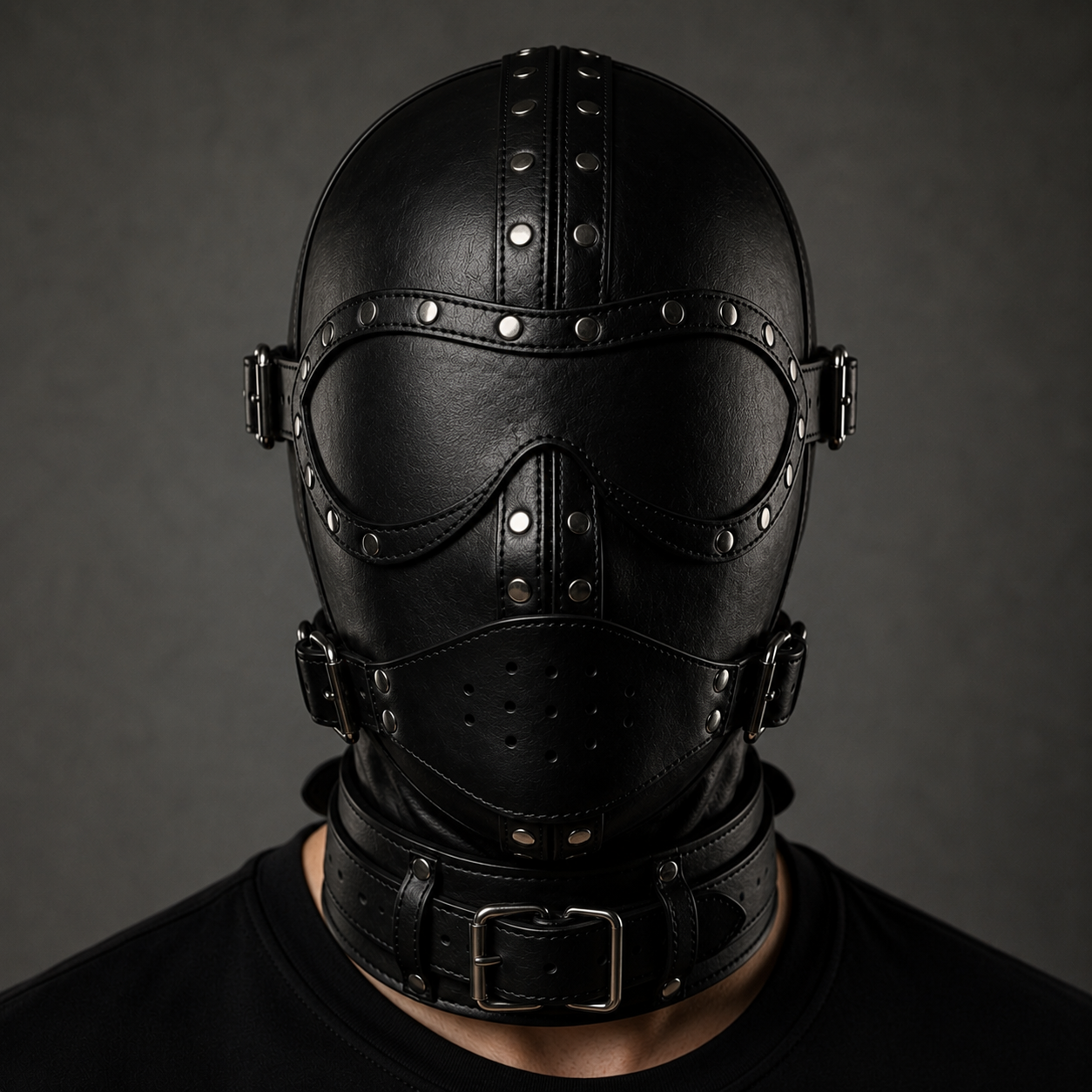 Premium Black Leather Hood Mask with Removable Eye Shield & Adjustable Face Cover