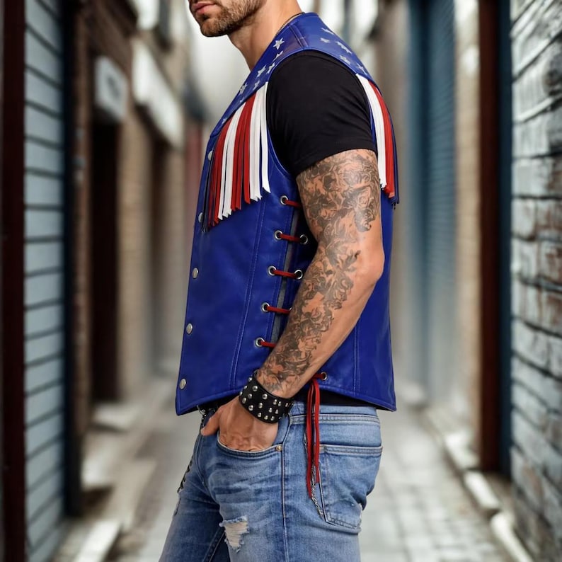 Men USA Flag Blue Leather Fringe Vest Laced Biker Motorcycle Vest