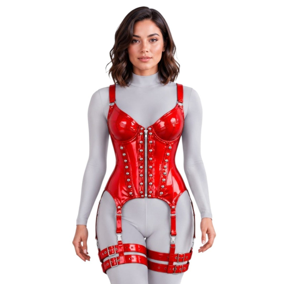 PVC Gloss OverBust Corset Harness Bodysuit Gothic Buckle Bustier Steampunk Fetish