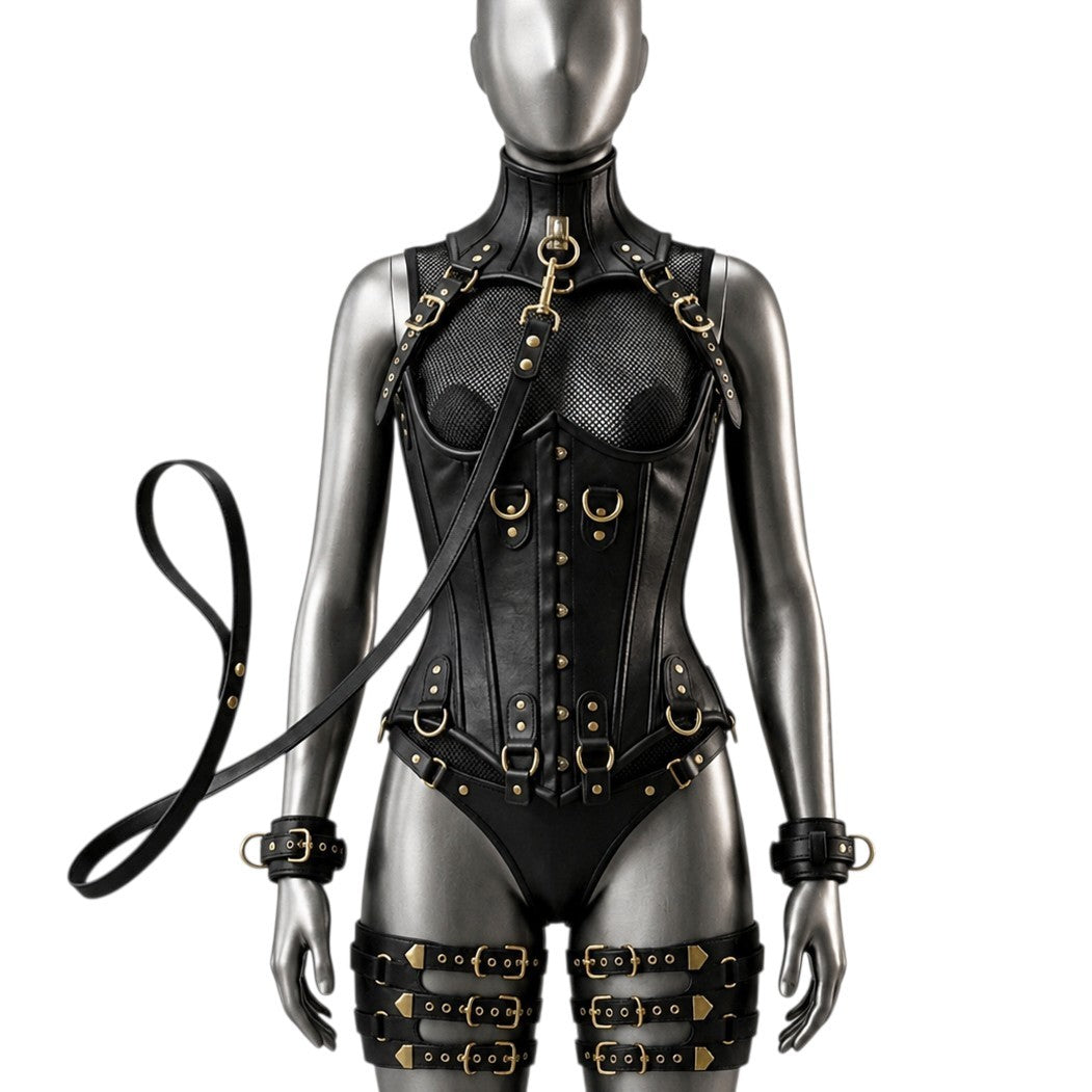 Leather Corset UnderBust Set (With Leash & Handcuffs)