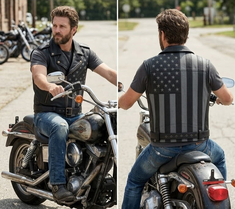 Men Genuine Leather USA Flag Vest Biker Motorcycle Belted Vest