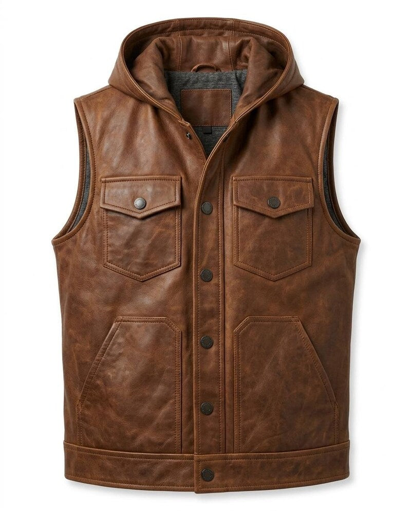 Men's Brown Leather Vest Hooded Casual Streetwear Slim Fit Button Front Sleeveless Vest