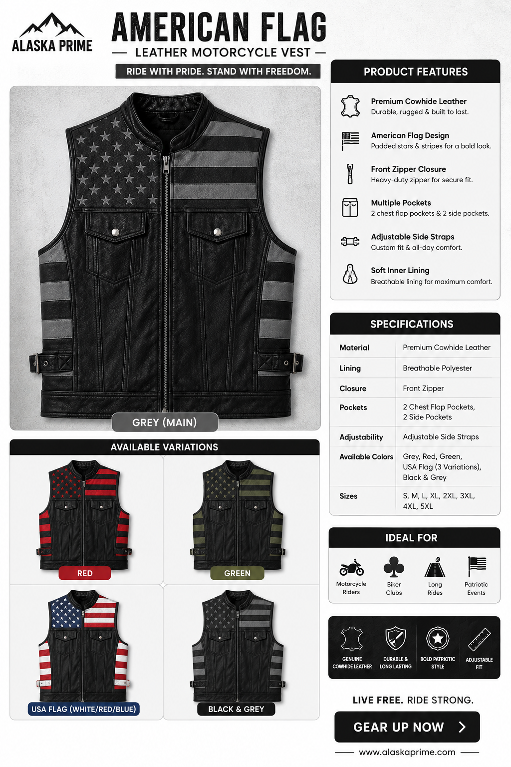 Men's Genuine Leather USA Flag Vest Motorcycle Biker Sleeveless Riding Vest