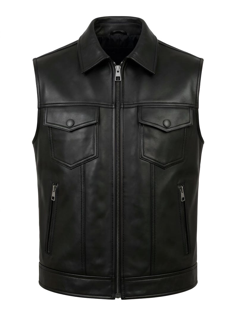 Men's Black Real Leather Vest Motorcycle Biker Zipper Slim Fit Sleeveless Vest