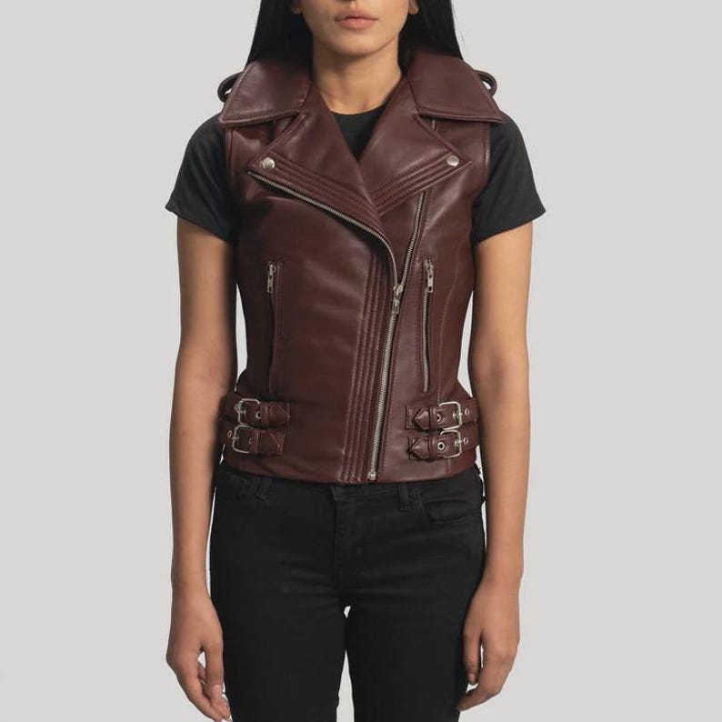Women’s Maroon Leather Biker Vest Slim Fit Asymmetrical Zipper Moto Style