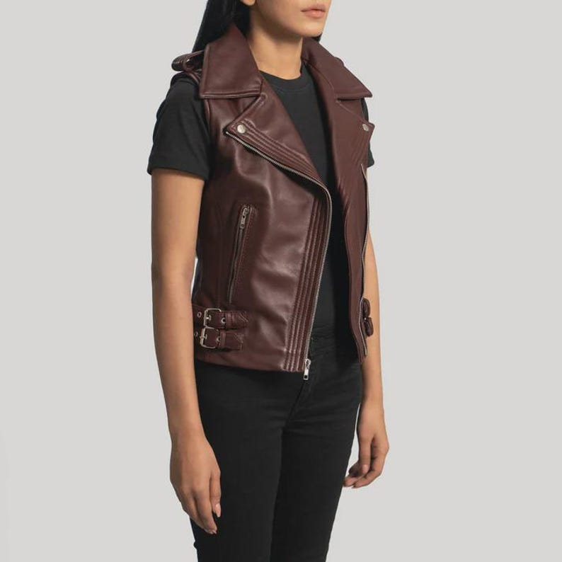 Women’s Maroon Leather Biker Vest Slim Fit Asymmetrical Zipper Moto Style