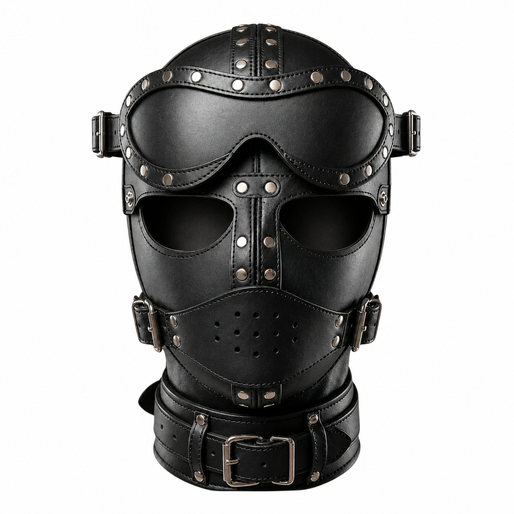 Premium Black Leather Hood Mask with Removable Eye Shield & Adjustable Face Cover