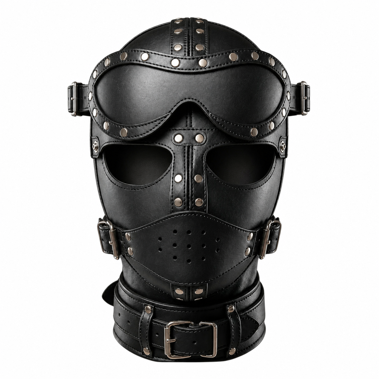 Premium Black Leather Hood Mask with Removable Eye Shield & Adjustable Face Cover