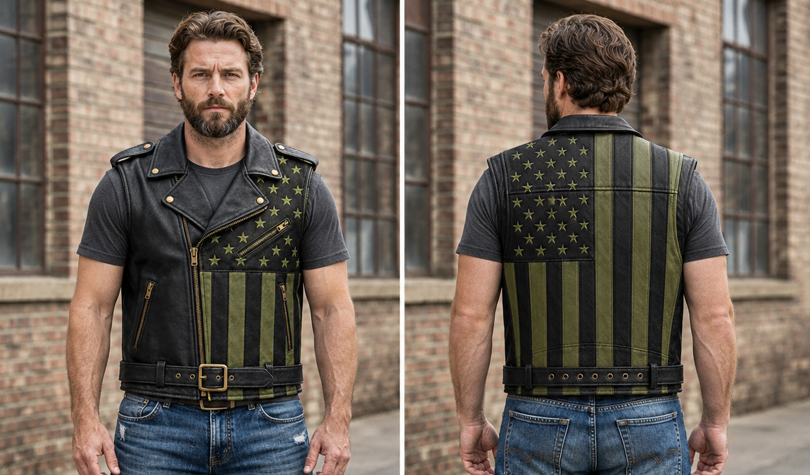 Men Genuine Leather USA Flag Vest Biker Motorcycle Belted Vest