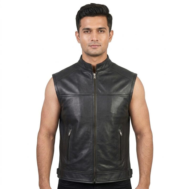 Handmade Men's Black Leather Vest Zipper Stand Collar Slim Fit Sleeveless Casual Fashion Vest
