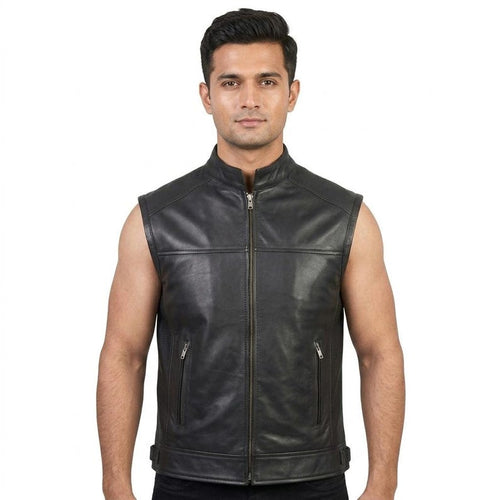 Handmade Men's Black Leather Vest Zipper Stand Collar Slim Fit Sleeveless Casual Fashion Vest