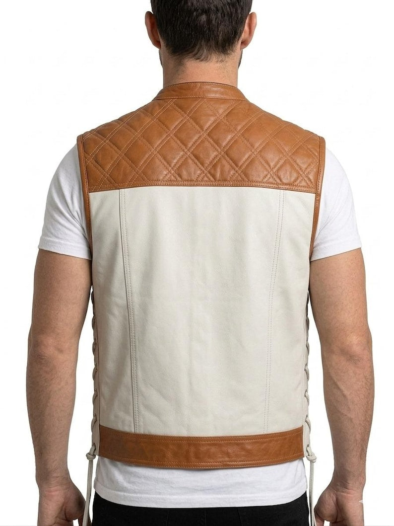 Men Leather Denim Motorcycle Vest Diamond Quilted White Brown Biker Riding Vest