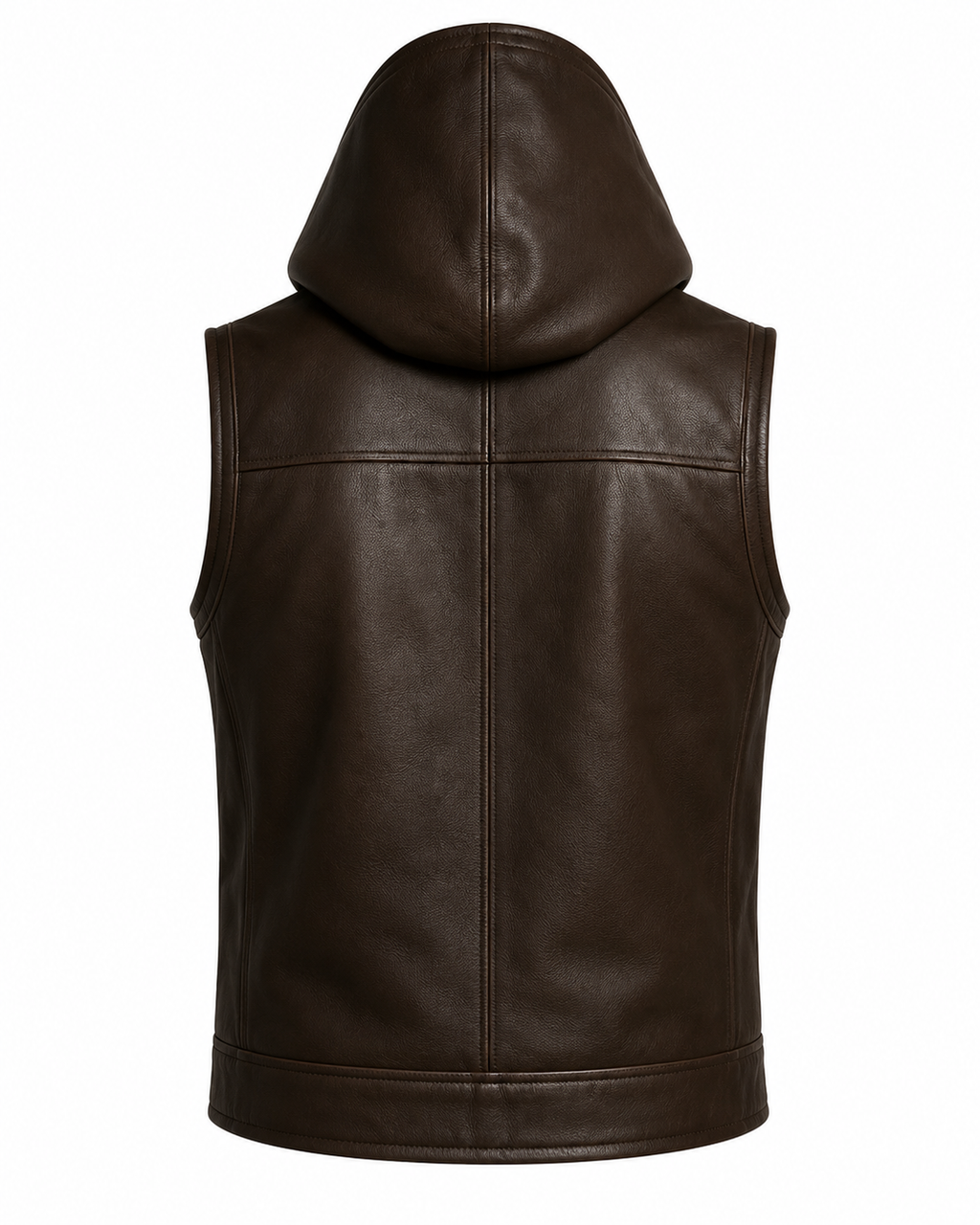 Men's Hooded Leather Vest Dark Brown Zipper Slim Fit Casual Streetwear Sleeveless Vest