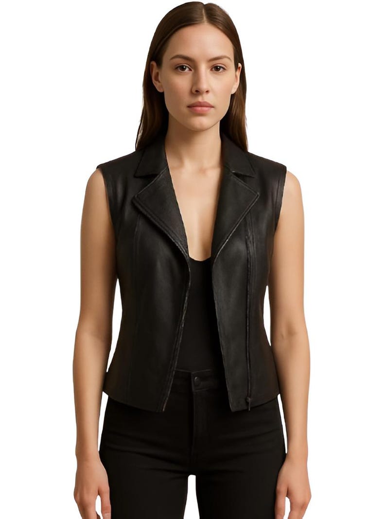 Women's Black Real Leather Biker Vest Slim Fit