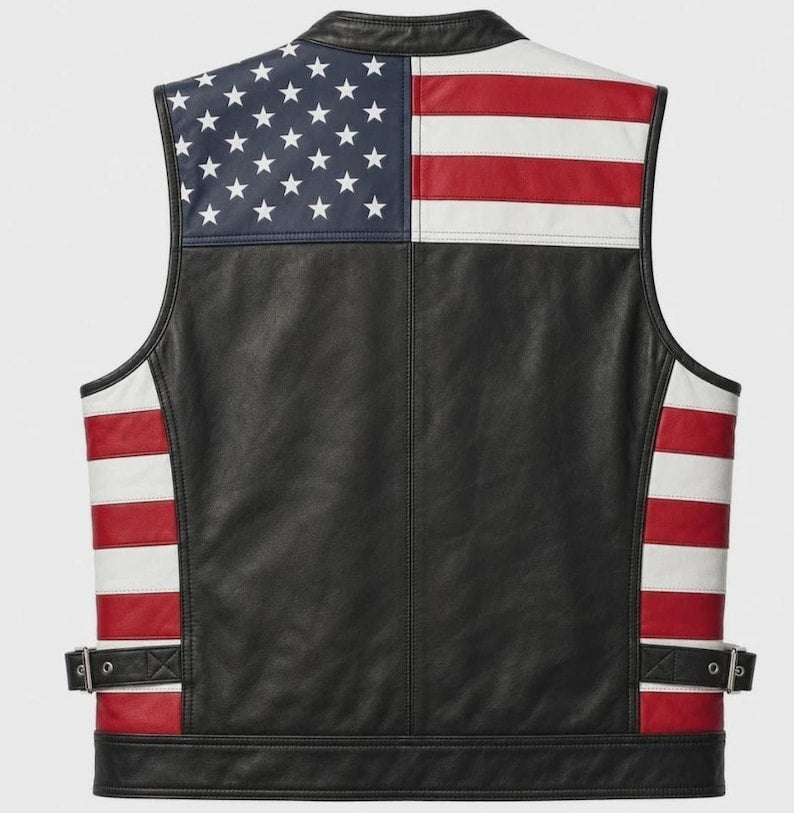 Men's Genuine Leather USA Flag Vest Motorcycle Biker Sleeveless Riding Vest