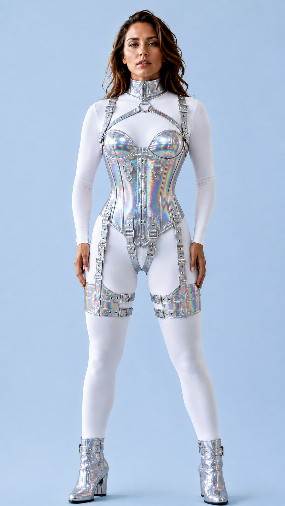 HOLOGRAPHIC PVC Leather OverBust Corset Set
