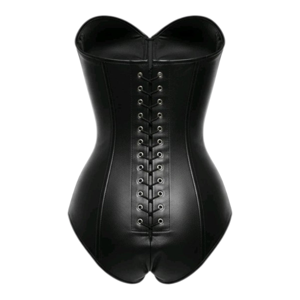 Women's Black Real Leather Corset Bodysuit Strapless Lace Up Bustier Gothic Top