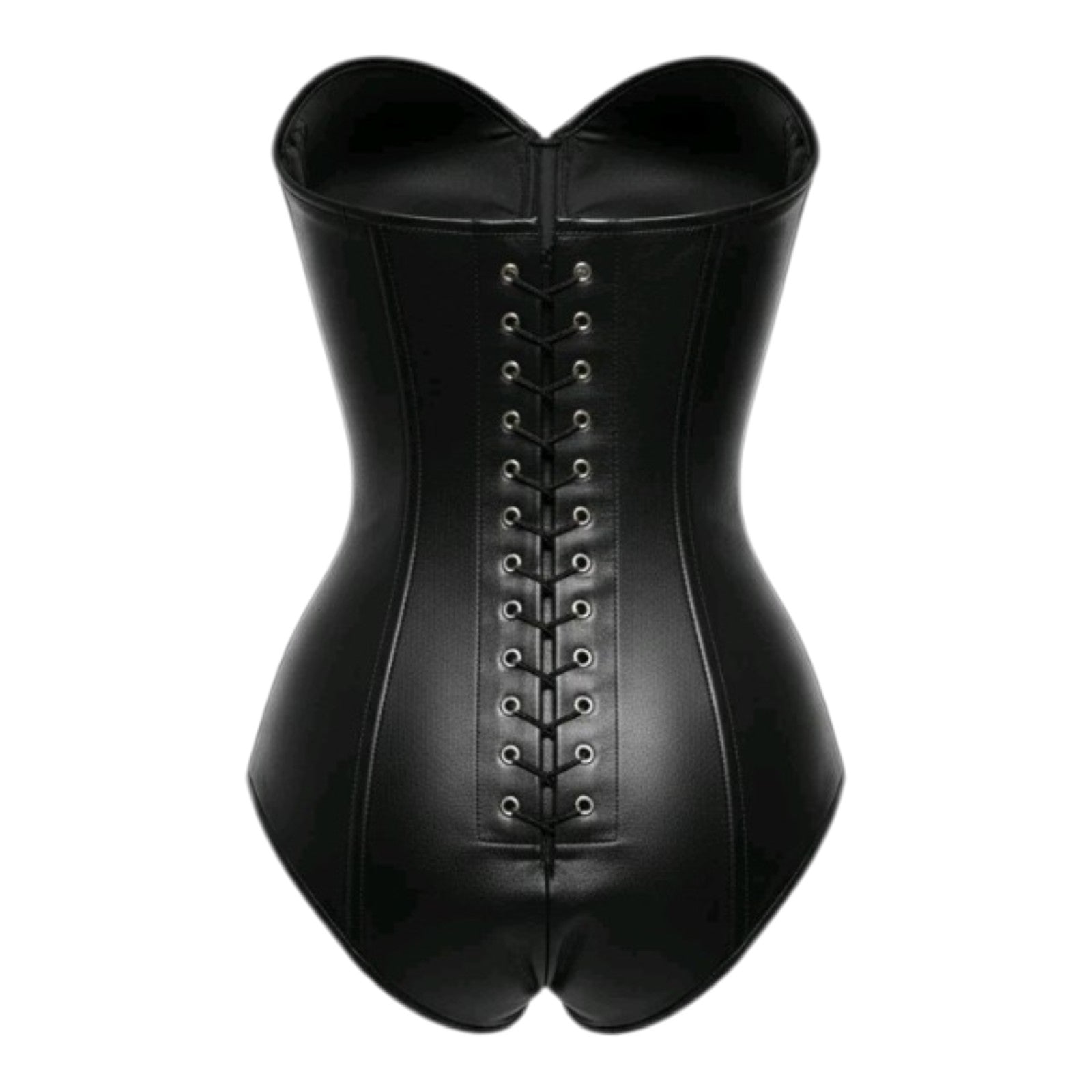 Women's Black Real Leather Corset Bodysuit Strapless Lace Up Bustier Gothic Top