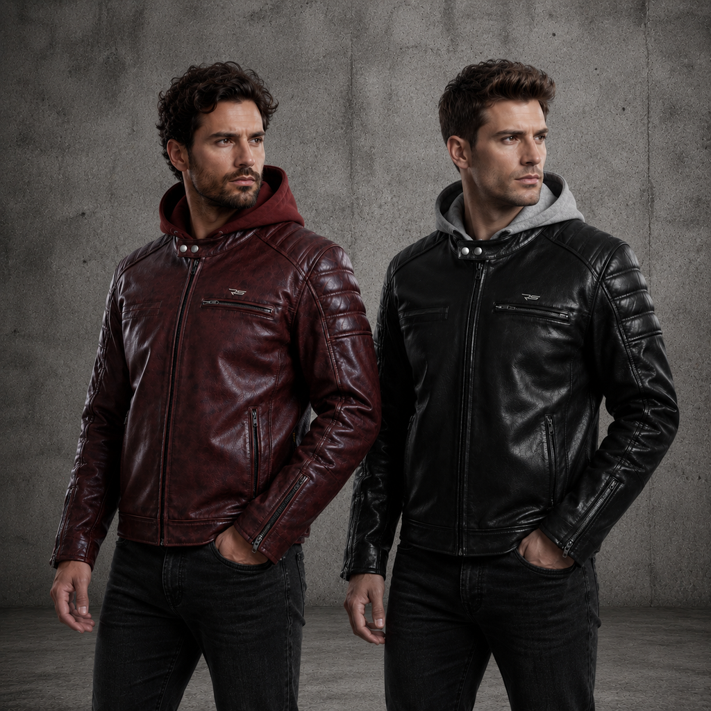 JACK- Men Leather Motorcycle Jacket Cowhide Cafe Racer Armor Riding Hooded Jacket