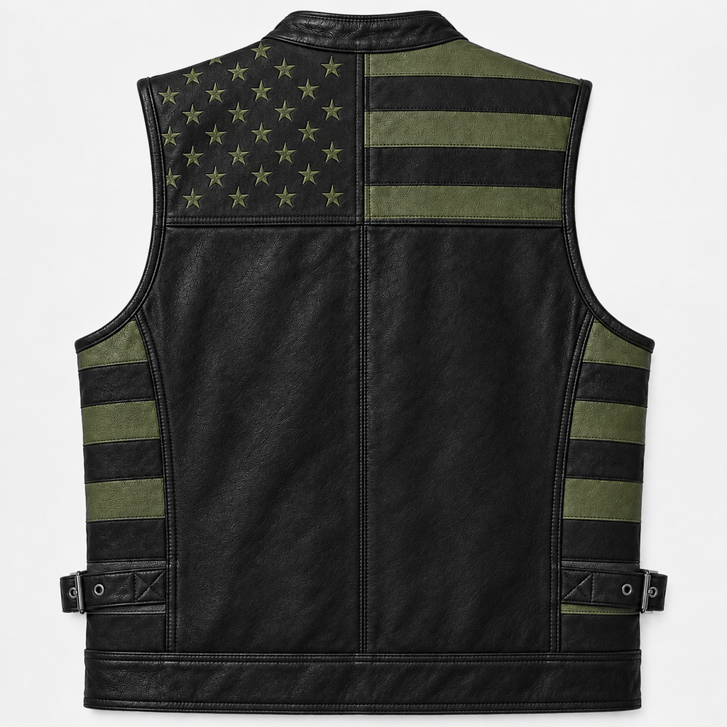 Men's Genuine Leather USA Flag Vest Motorcycle Biker Sleeveless Riding Vest