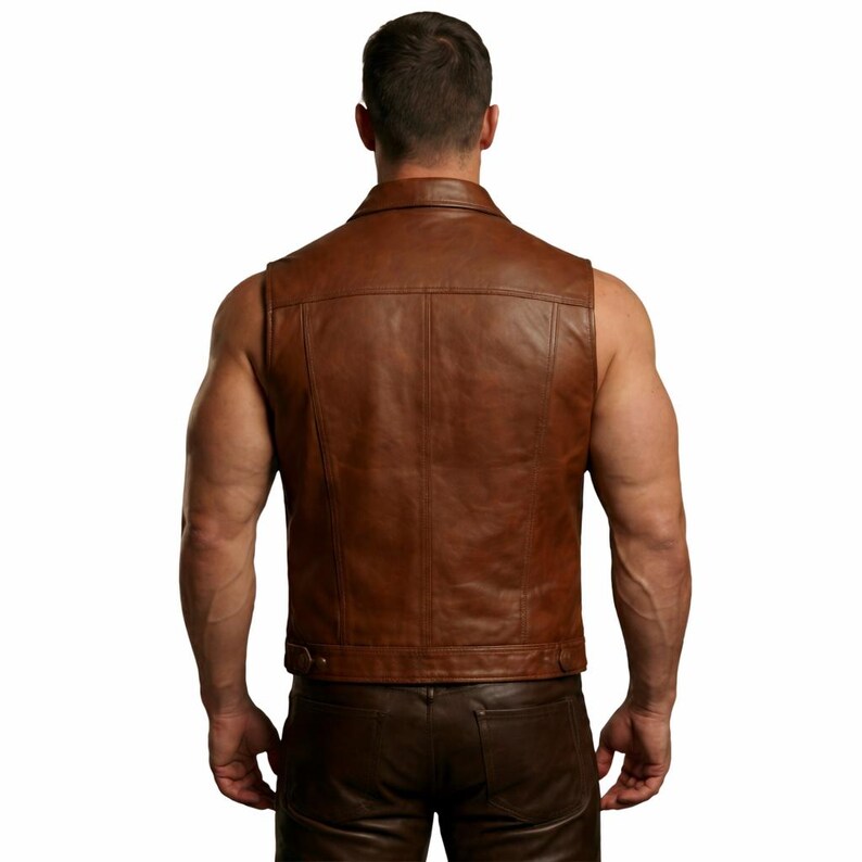 Men's Brown Leather Biker Vest - Handmade Trucker Style Moto Vest