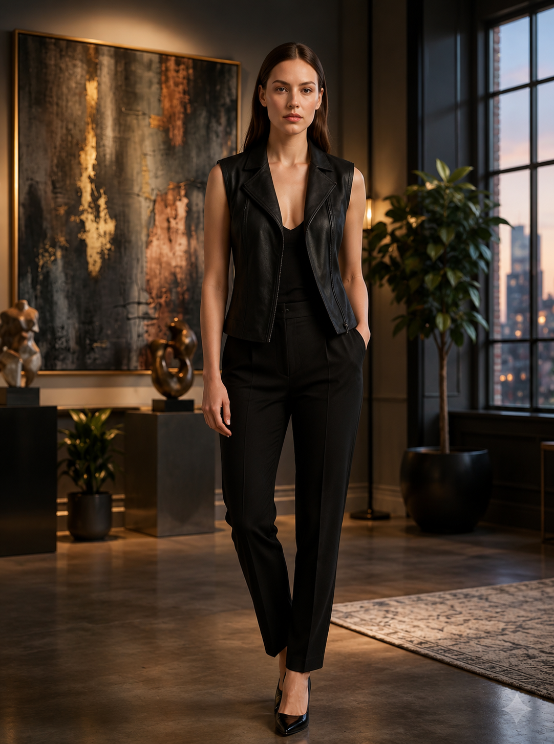 Women's Black Real Leather Biker Vest Slim Fit