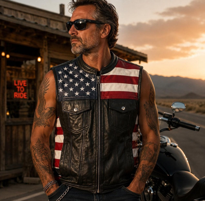 Men's Genuine Leather USA Flag Vest Motorcycle Biker Sleeveless Riding Vest