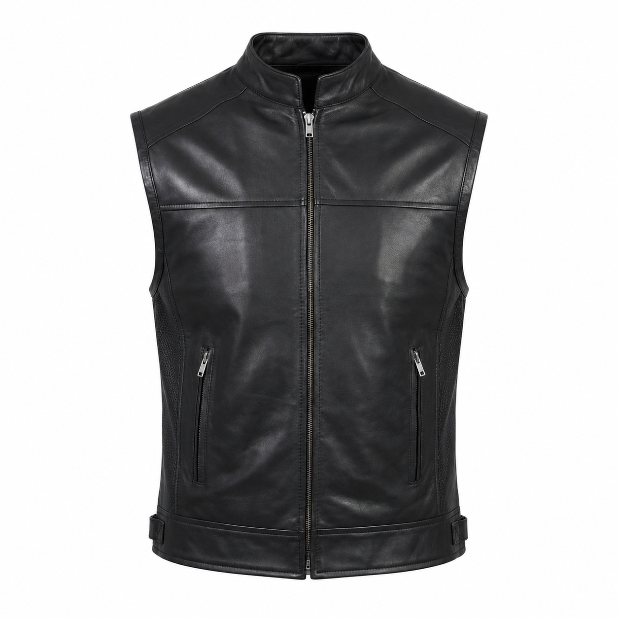 Handmade Men's Black Leather Vest Zipper Stand Collar Slim Fit Sleeveless Casual Fashion Vest