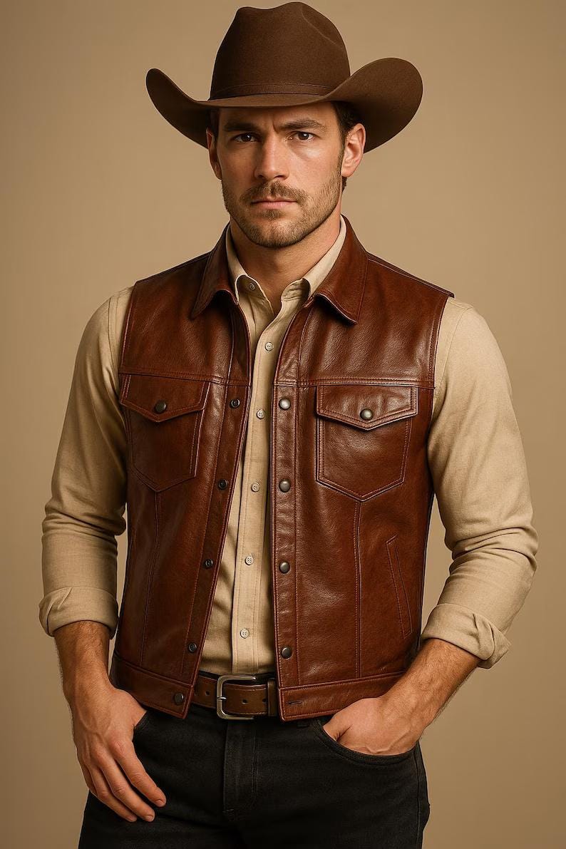 Men's Brown Leather Vest Western Cowboy Style Motorcycle Biker Slim Fit Waistcoat Vest