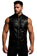 Men's Black Leather Vest Motorcycle Club Style Zipper Slim Fit Streetwear Sleeveless Vest