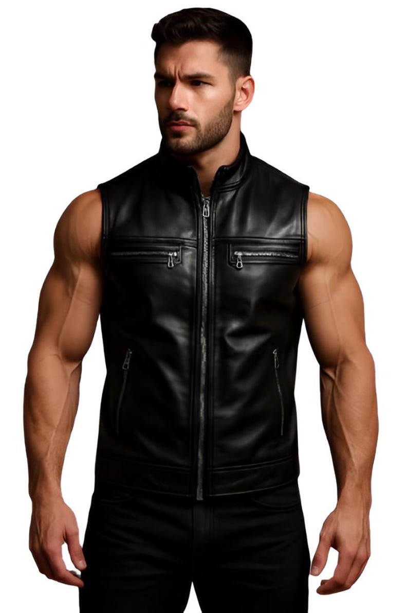 Men's Black Leather Vest Motorcycle Club Style Zipper Slim Fit Streetwear Sleeveless Vest