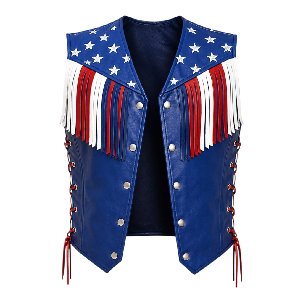 Men USA Flag Blue Leather Fringe Vest Laced Biker Motorcycle Vest