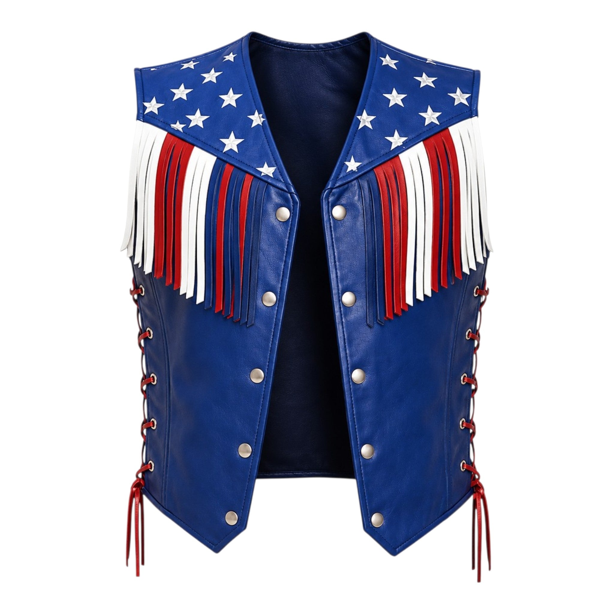 Men USA Flag Blue Leather Fringe Vest Laced Biker Motorcycle Vest