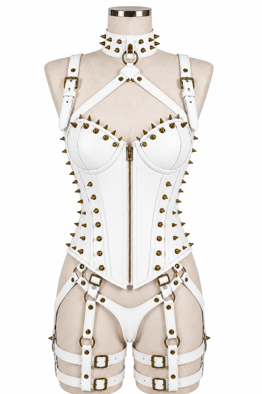 Women’s Leather Corset Harness Bodysuit Gothic Buckle Bustier Steampunk Fetish (With Studs)