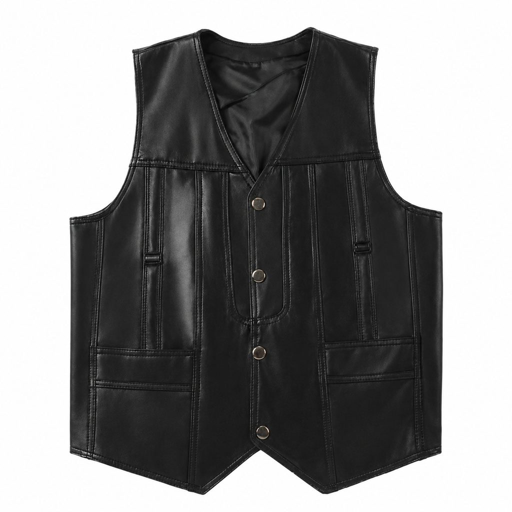 Men's Black Leather Vest Motorcycle Biker Snap Front Classic Slim Fit Sleeveless Waistcoat Vest